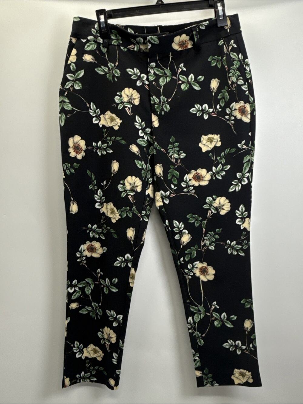Black Tape Womens Medium Black Floral Dress Pants Ankle Length Stretch Slacks